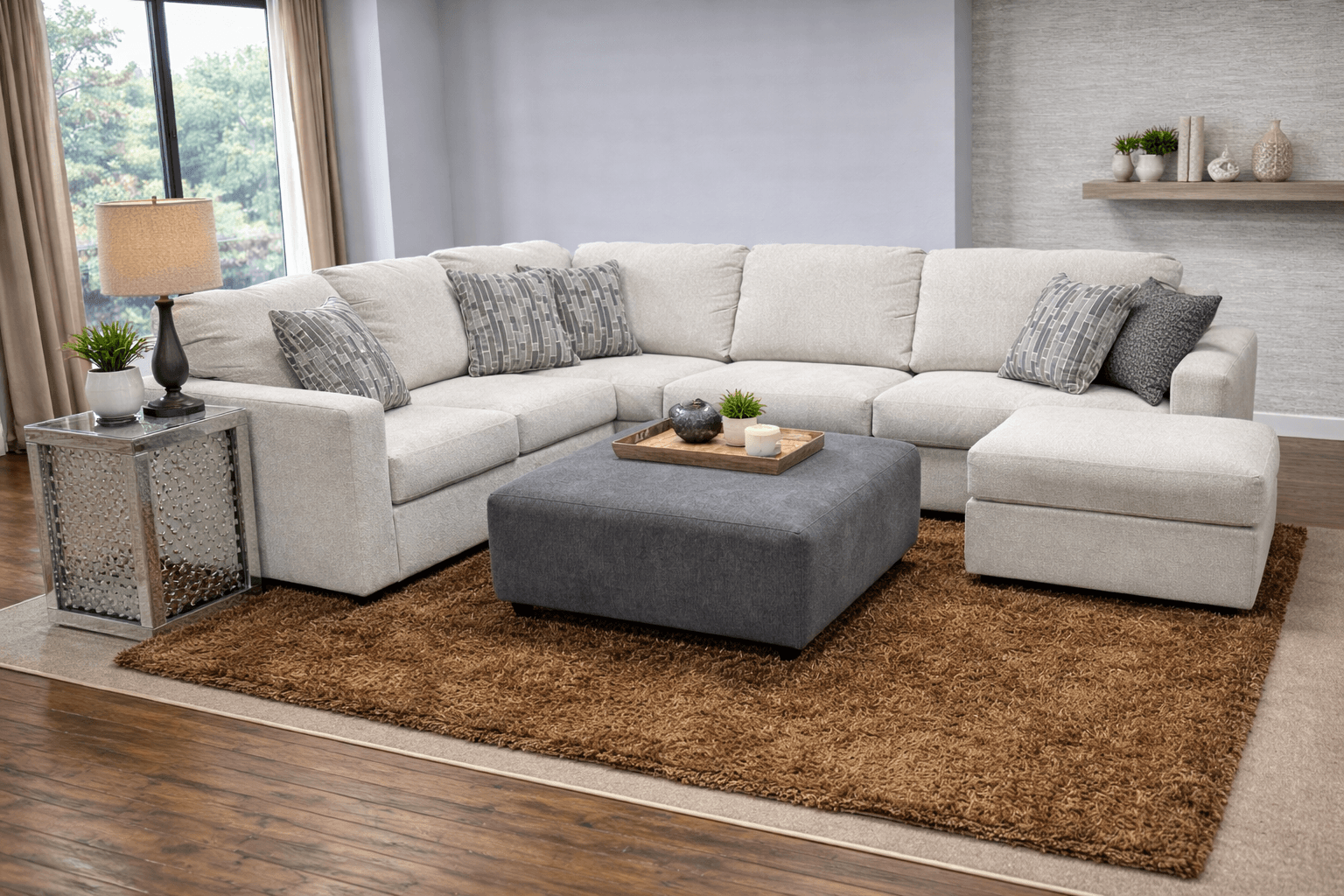 Cream Sectional with Ottoman