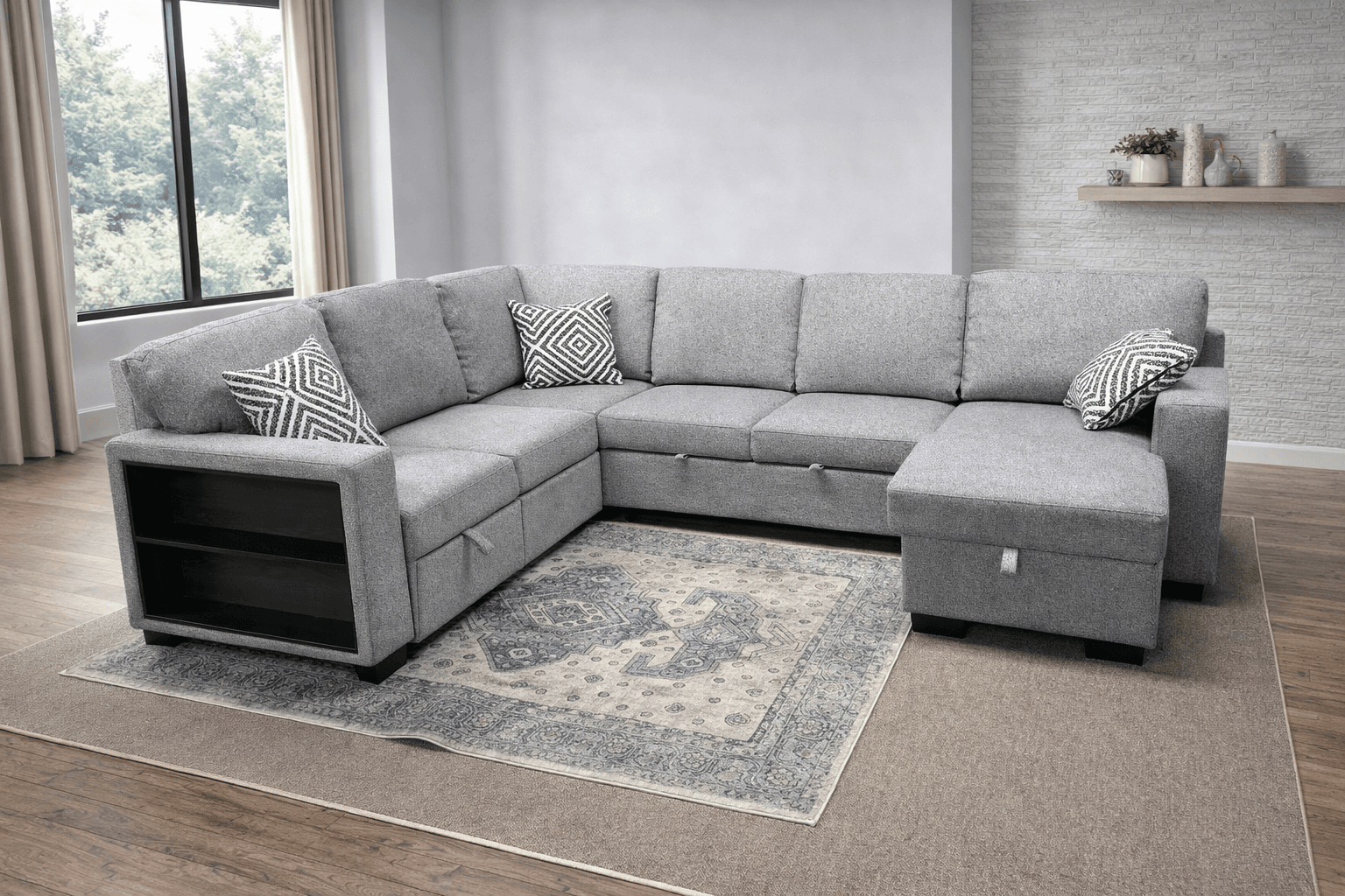 Grey Sectional with Bookshelf Arm