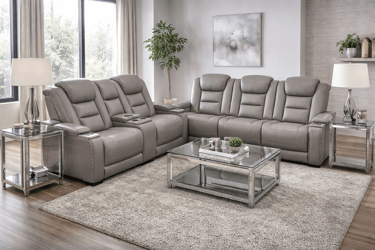 Grey Leather Glam Sectional