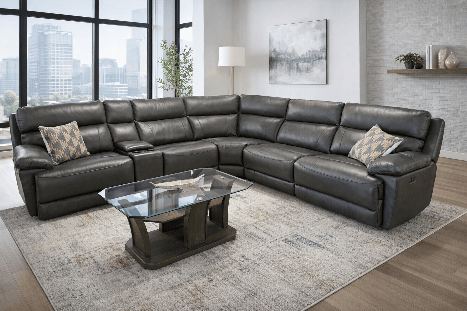 Grey Leather Reclining Sectional